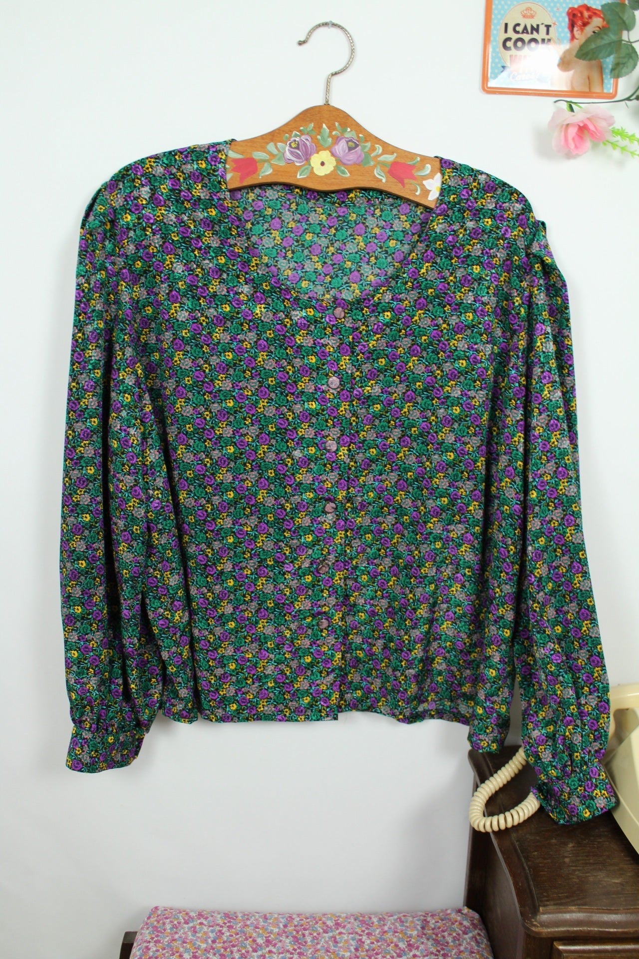 🌸🍒Blouse vintage 80/90s fait main fleurie - manches bouffantes & boutons nacrés - Taille 46/48🍒🌸