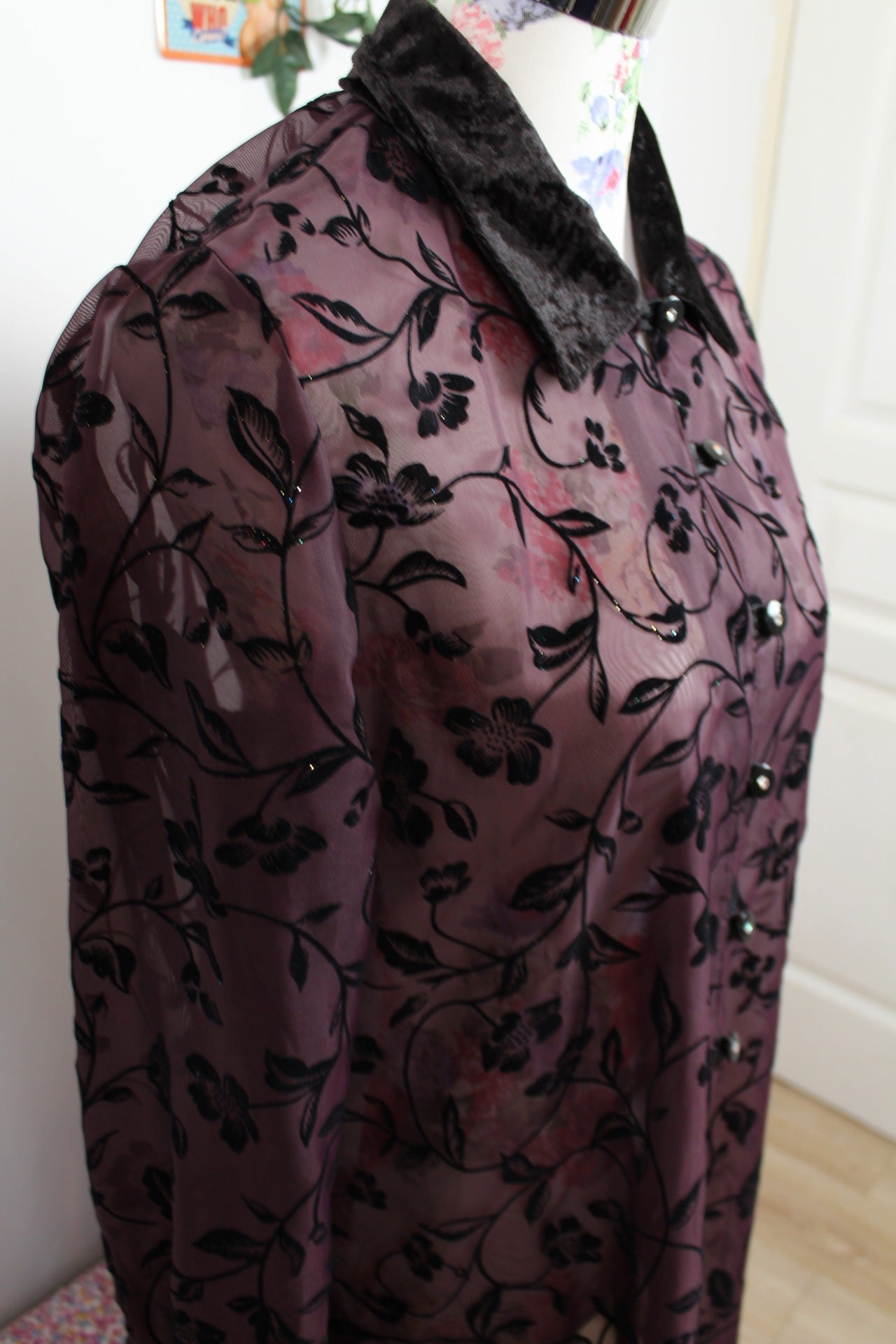 🌸🍒Chemise vintage 90's violette velours & paillettes - élégance mystique -Taille 38🍒🌸