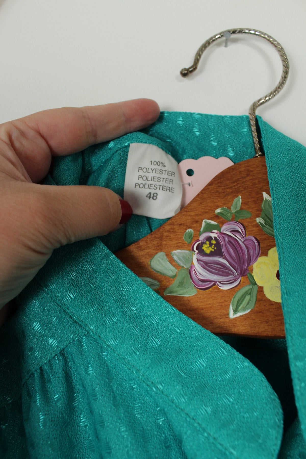 Blouse vintage années 70 turquoise fuseaux satinés et col officier - Taille 38 à 42