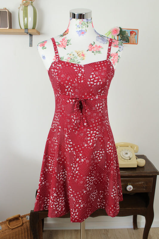 Robe vintage années 90 bordeaux petites fleurs, pois & paisley - Taille 34