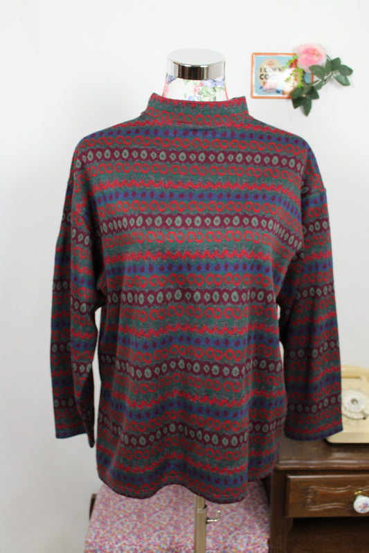 🌸🍒Pull vintage 90's graphique multicolore Mikava - col montant esprit Arty - Taille 38 à 42