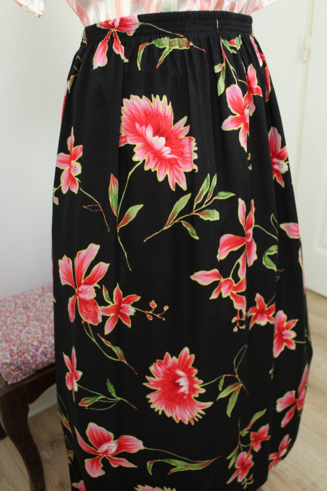 🌸🍒Jupe vintage 90's midi fluide imprimée fleurs des îles - Taille 44/46🍒🌸