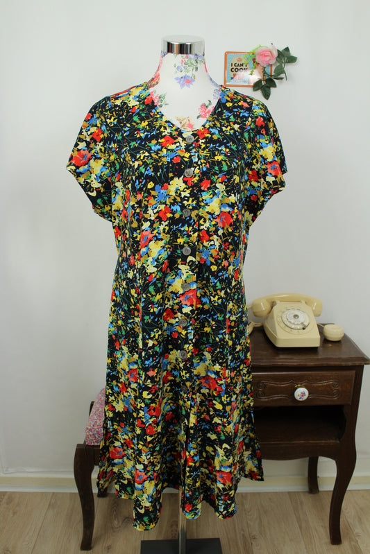 🌸🍒Robe vintage 90's imprimé floral arty sur fond noir - Taille 40 - petit 42🍒🌸