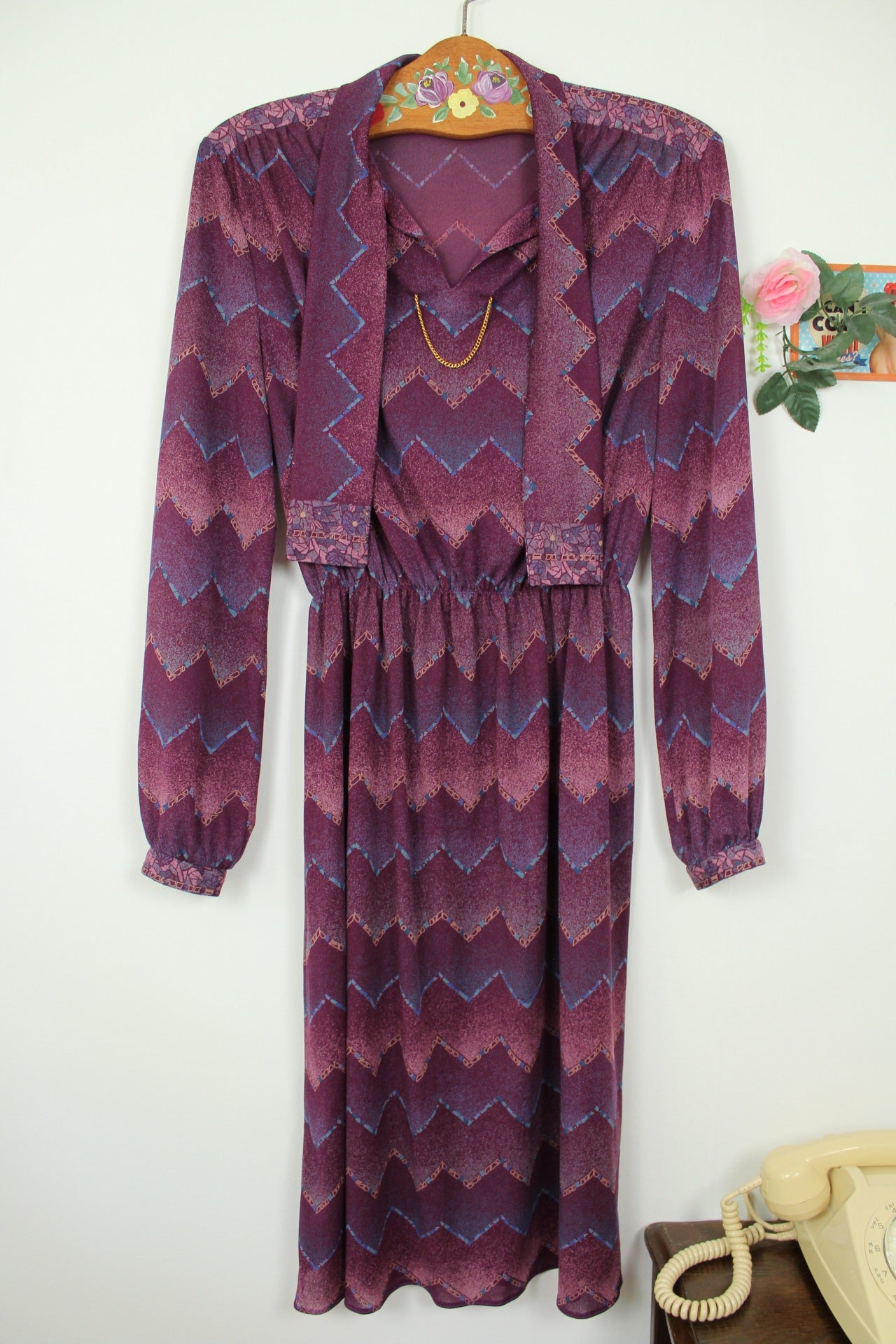 🌸🍒Robe vintage 70/80's violette zig zag preppy chic col lavallière - Taille 38/40🍒🌸