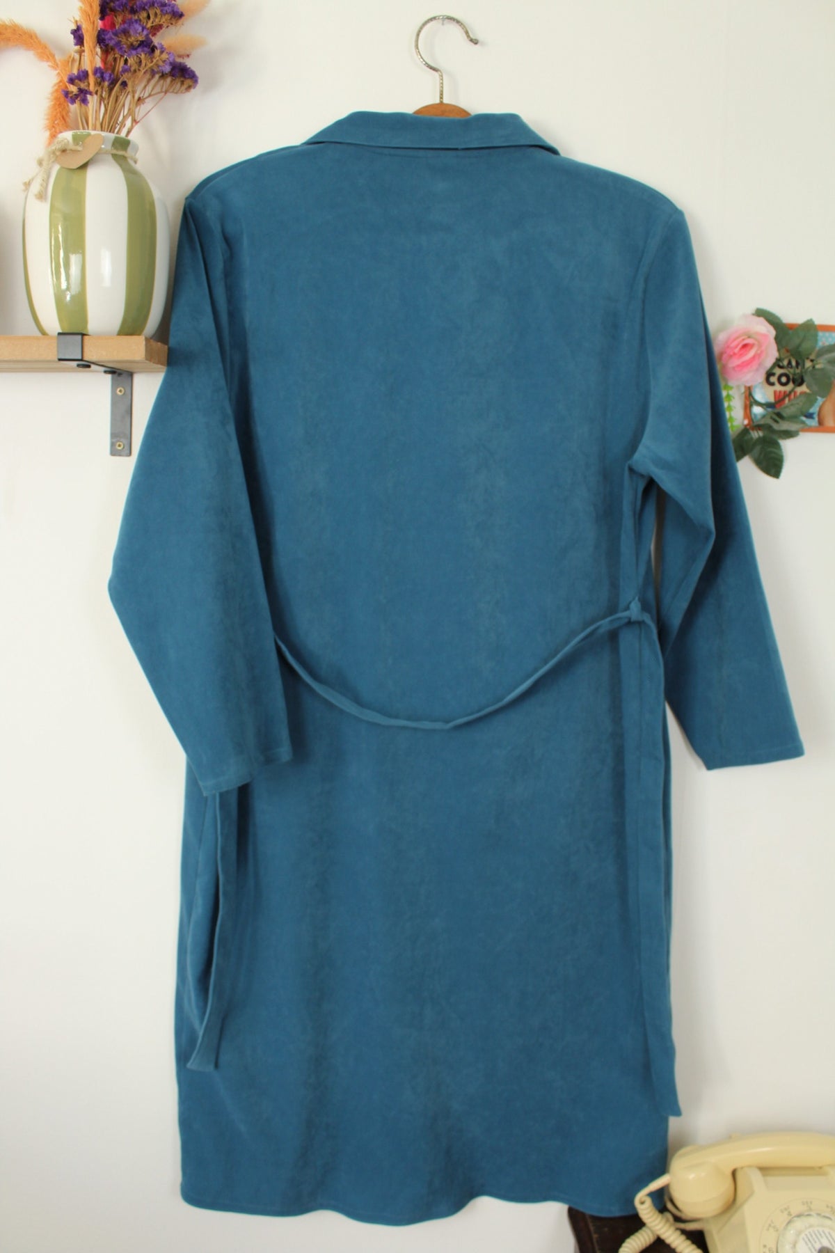 Robe bleu vintage années 90 velours lisse - esprit chemise ceinturée - Taille 40/42