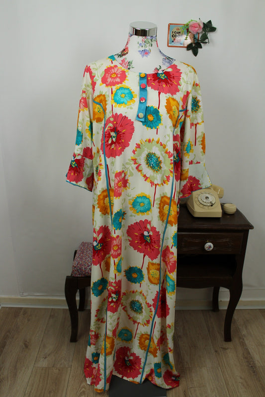 🌸🍒Robe vintage longue 70's hippie motif floral XXL coloré - Taille 42/44🍒🌸