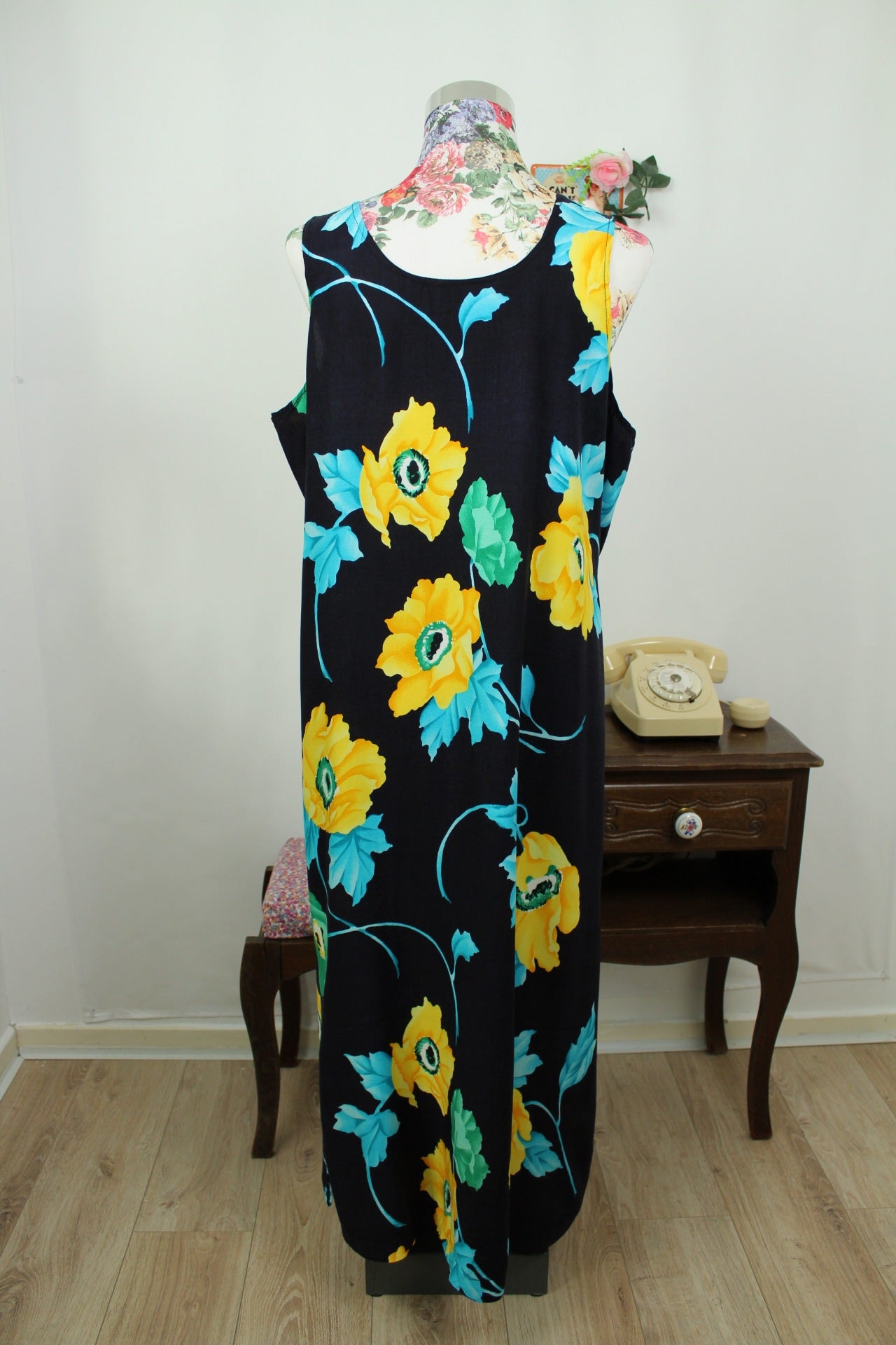 🌸🍒Robe longue vintage 90's bleue marine - fleurs jaunes ensoleillées XXL - Taille 42/44🍒🌸