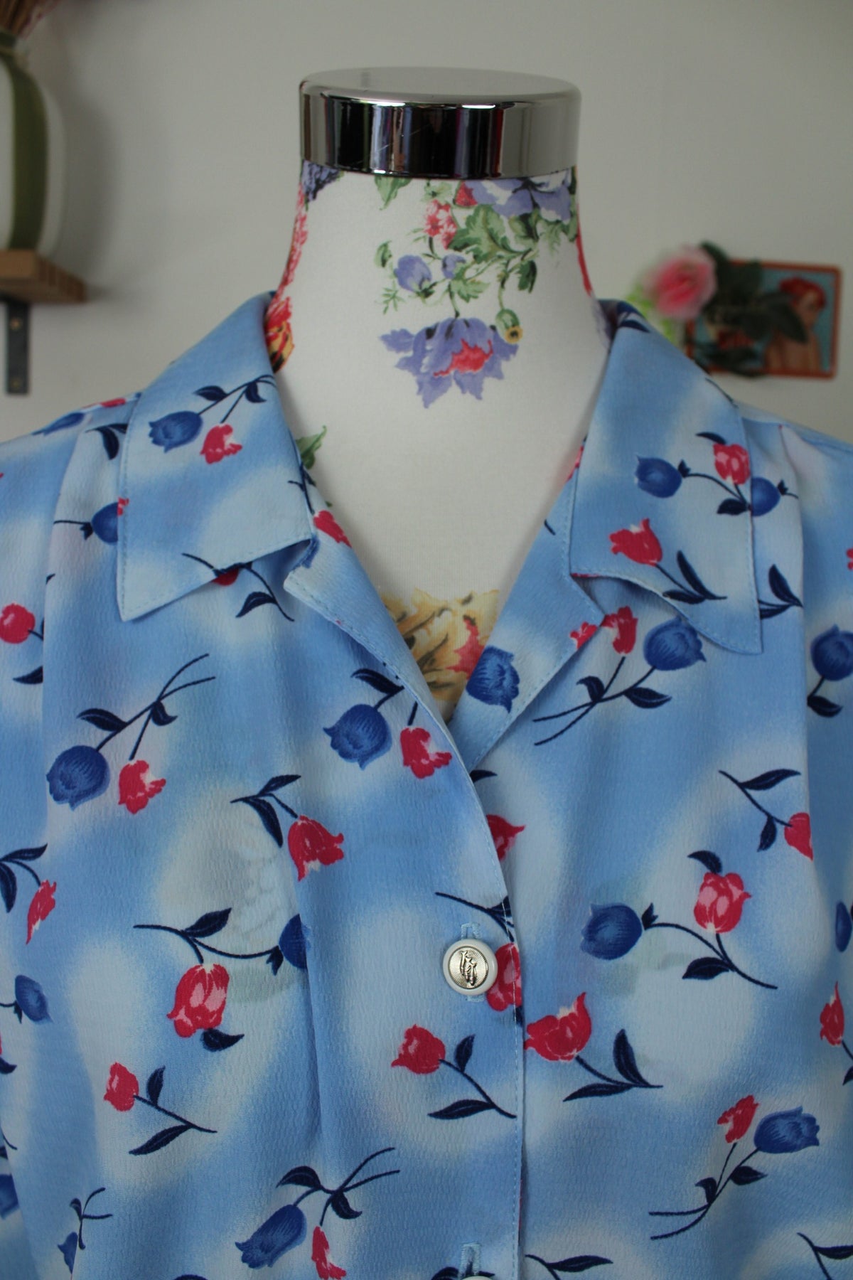 🌸🍒Chemise vintage années 90 bleu lumineux & tulipes - Taille 44/46🍒🌸