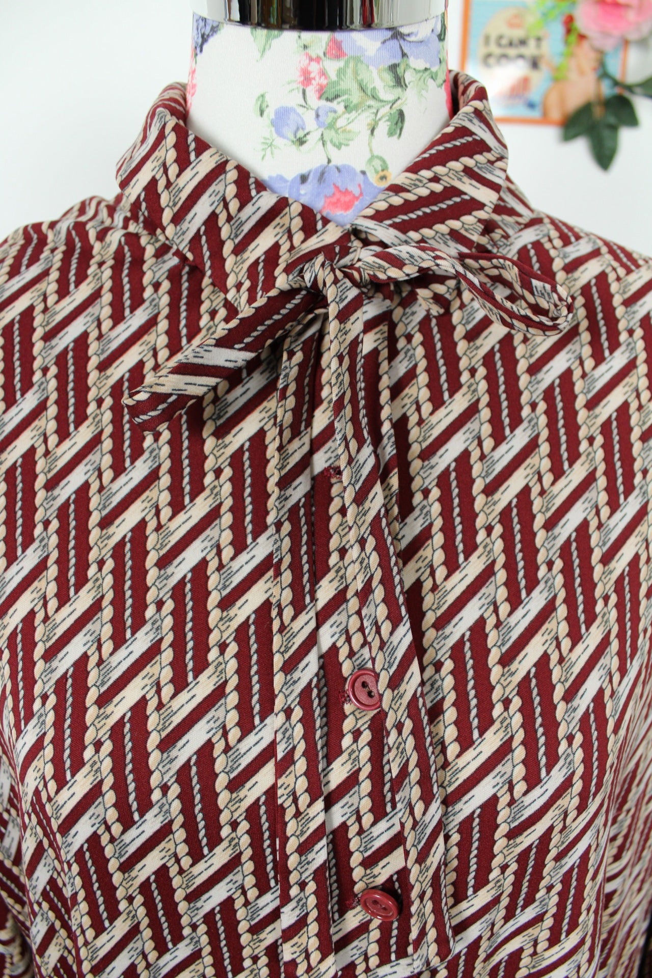🍒🌸Robe vintage col lavallière 70's - motifs géométriques - Taille 44/46🌸🍒