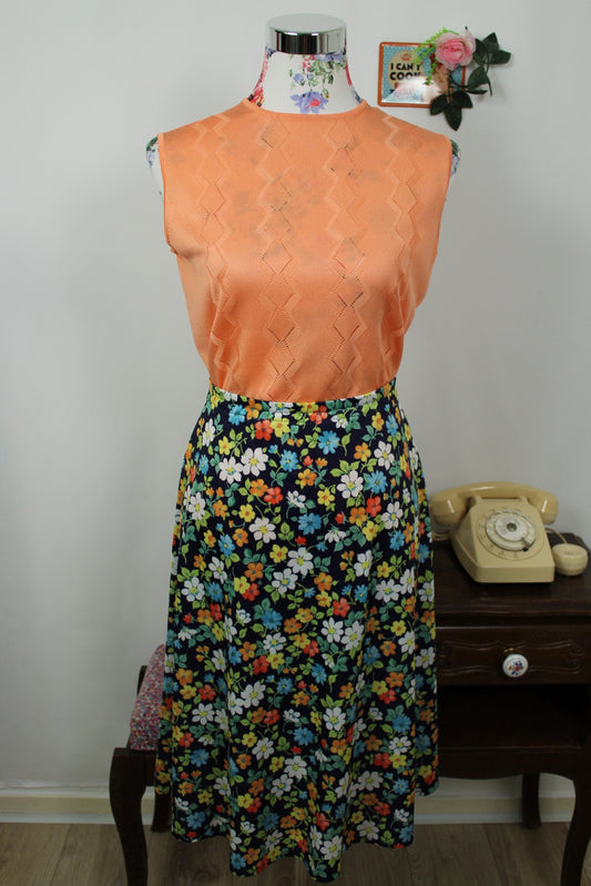 🌸🍒Jupe vintage 80's marine & fleurs multicolores - Taille 44 à 48🍒🌸
