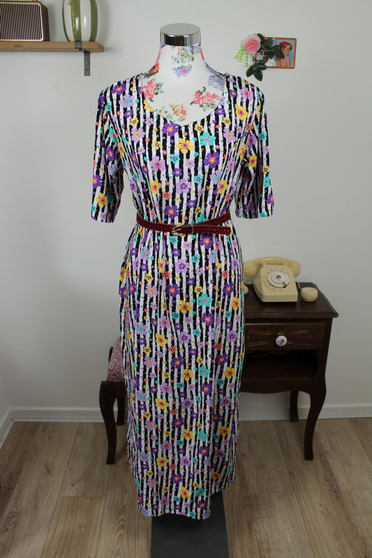 🌸🍒Robe vintage 90's longue rayures & fleurs esprit cottage/grunge floral - Taille 40🍒🌸