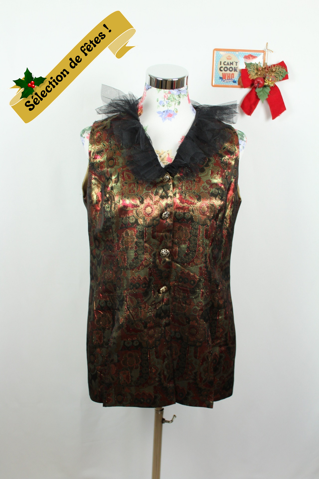 ✨Gilet brocart vintage 70's doré motifs baroques & col volanté tulle noir ✨