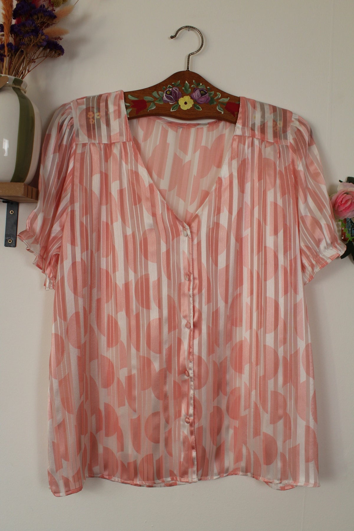 🌸🍒Blouse rétro rayée blanc satiné & demi-sphères roses pastel romantique - Taille 42/44🍒🌸