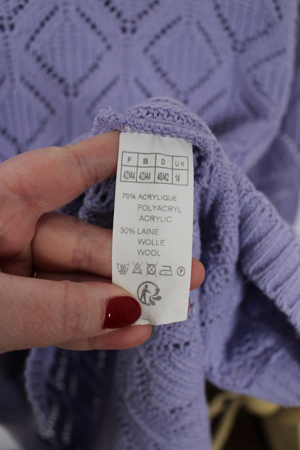 🍒🌸Pull ajouré lila vintage années 80 en laine - long & cosy avec poches 🌸🍒