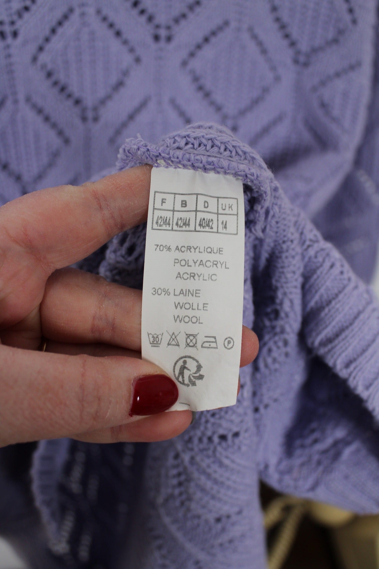 🍒🌸Pull ajouré lila vintage années 80 en laine - long & cosy avec poches - Taille 40/42 🌸🍒