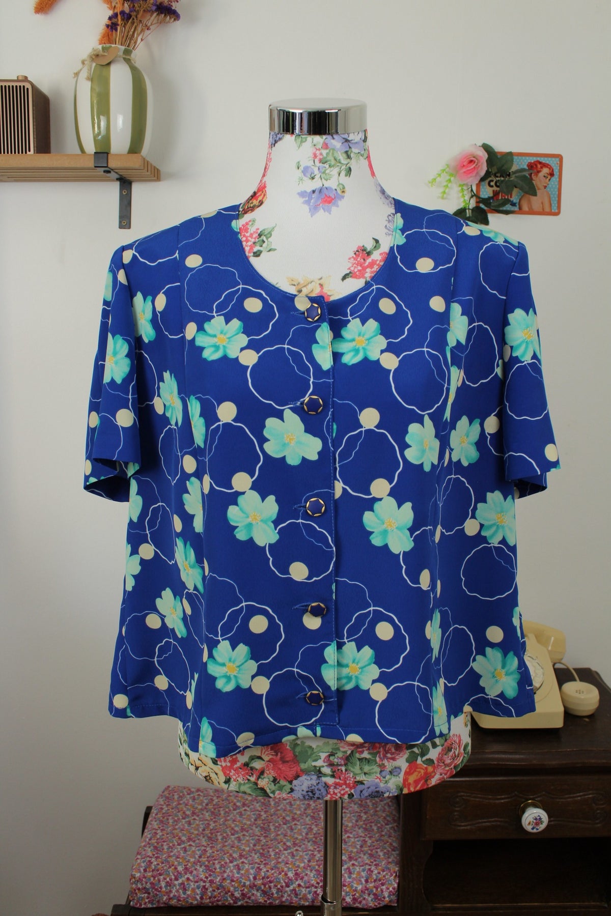 🌸🍒Chemise vintage années 80 bleu pep's - pois & fleurs - Taille 40🍒🌸