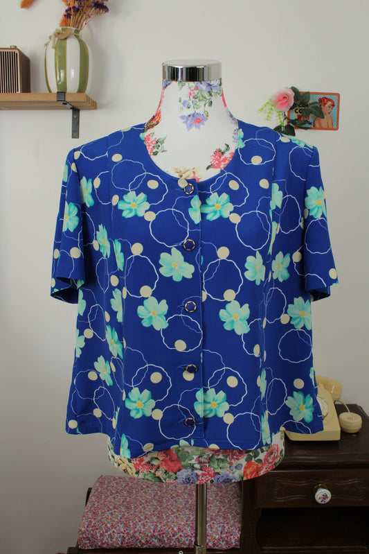 🌸🍒Chemise vintage années 80 bleu pep's - pois & fleurs - Taille 40🍒🌸