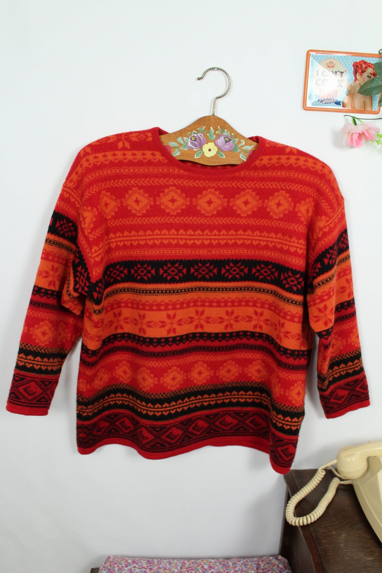 🌸🍒Pull vintage en laine 90's Symétrie rouge & noir - motifs graphiques - Taille 40/42🍒🌸