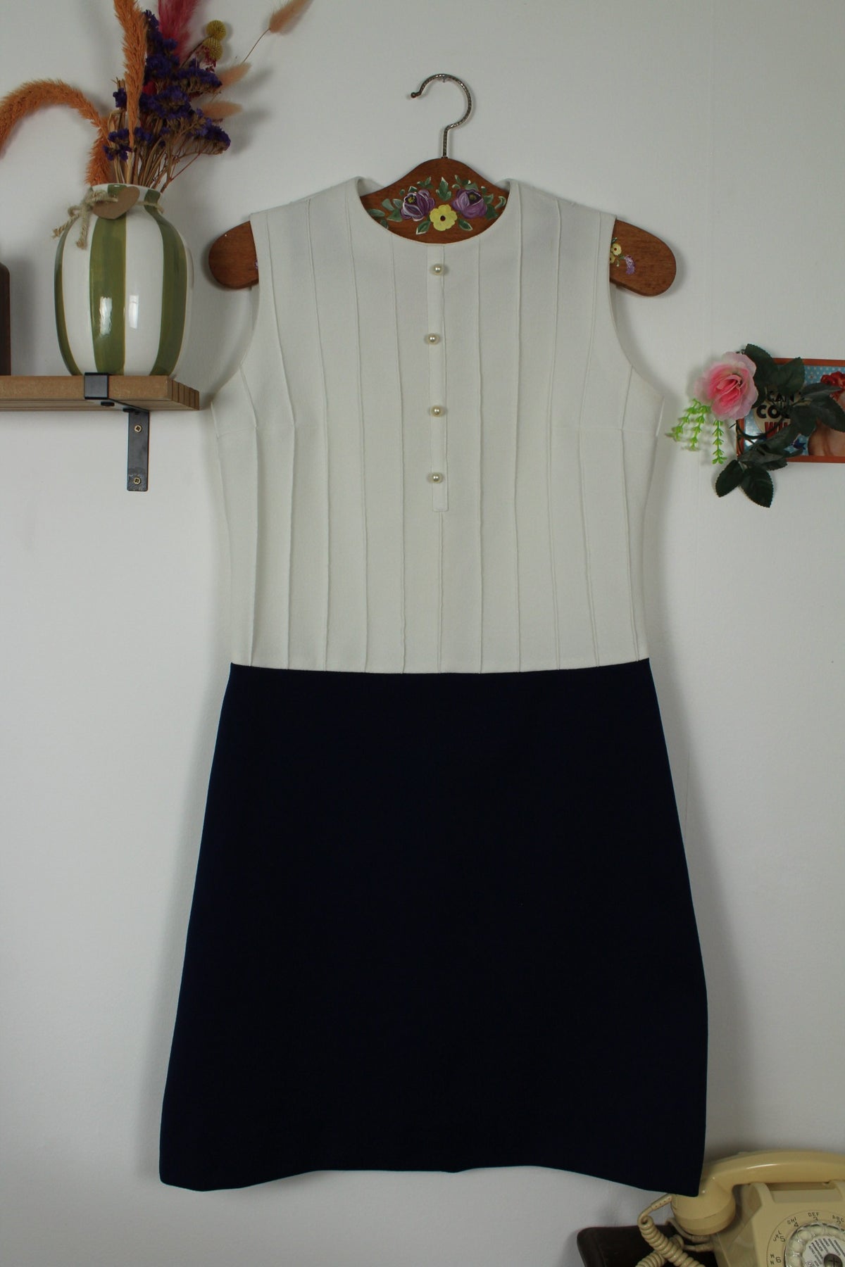 Robe preppy vintage années 60 blanche & marine chic - boutons nacrés - Taille 38