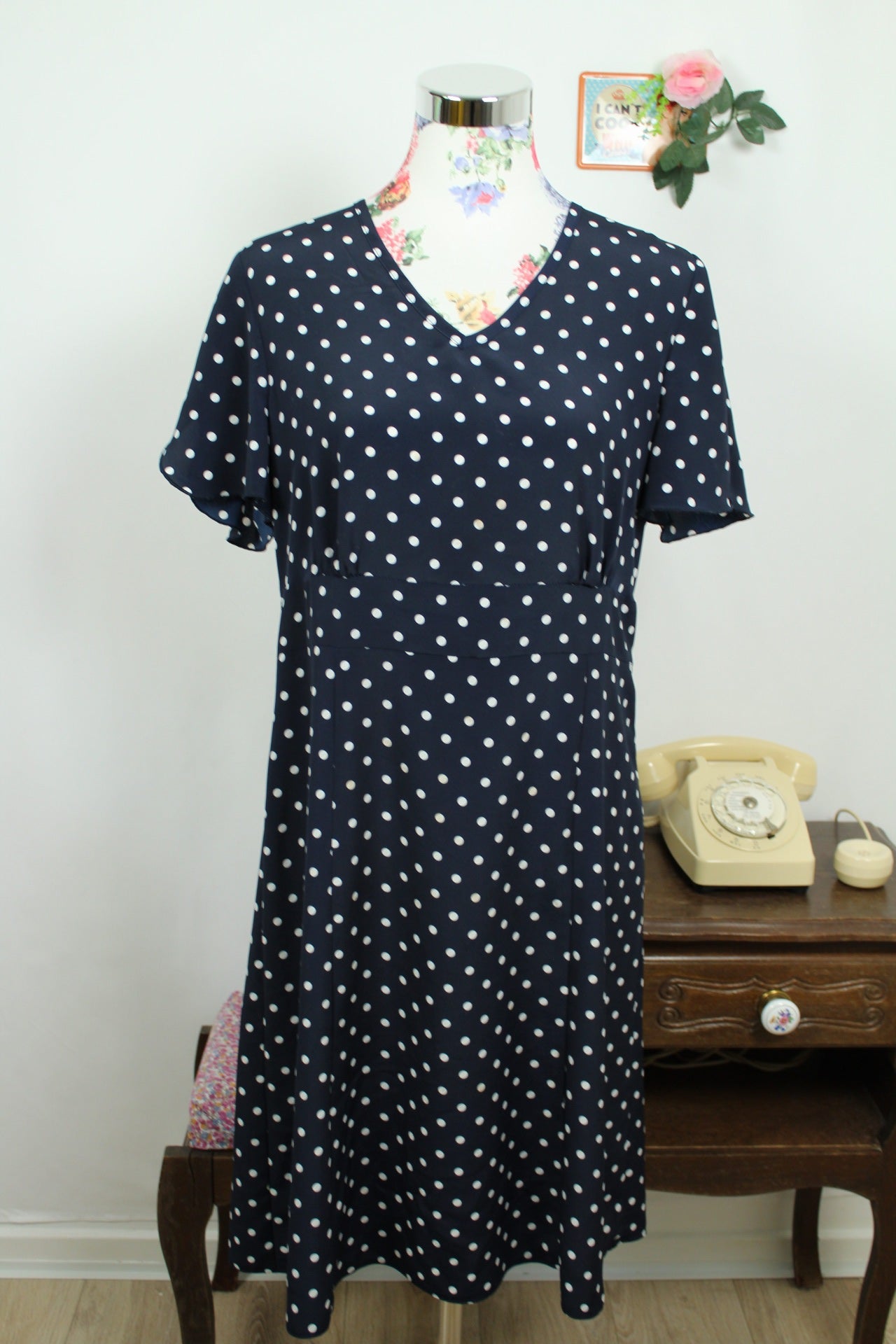 🌸🍒Robe vintage 80/90's marine à pois style pin-up/rockabilly - Taille 40🍒🌸