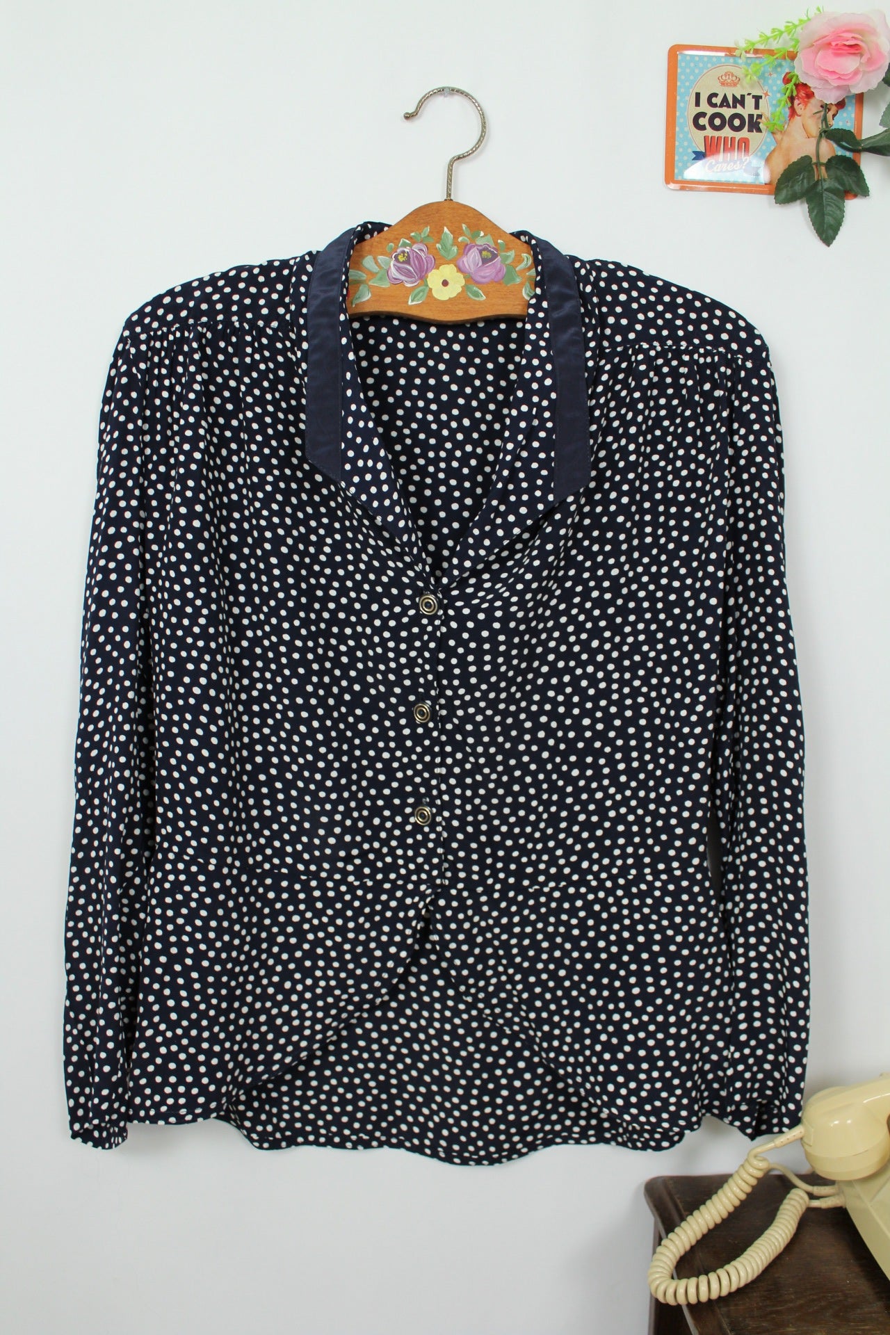 🌸🍒Blouse vintage 80's à pois pin-up - ourlet en V arrondi - Taille 40🍒🌸