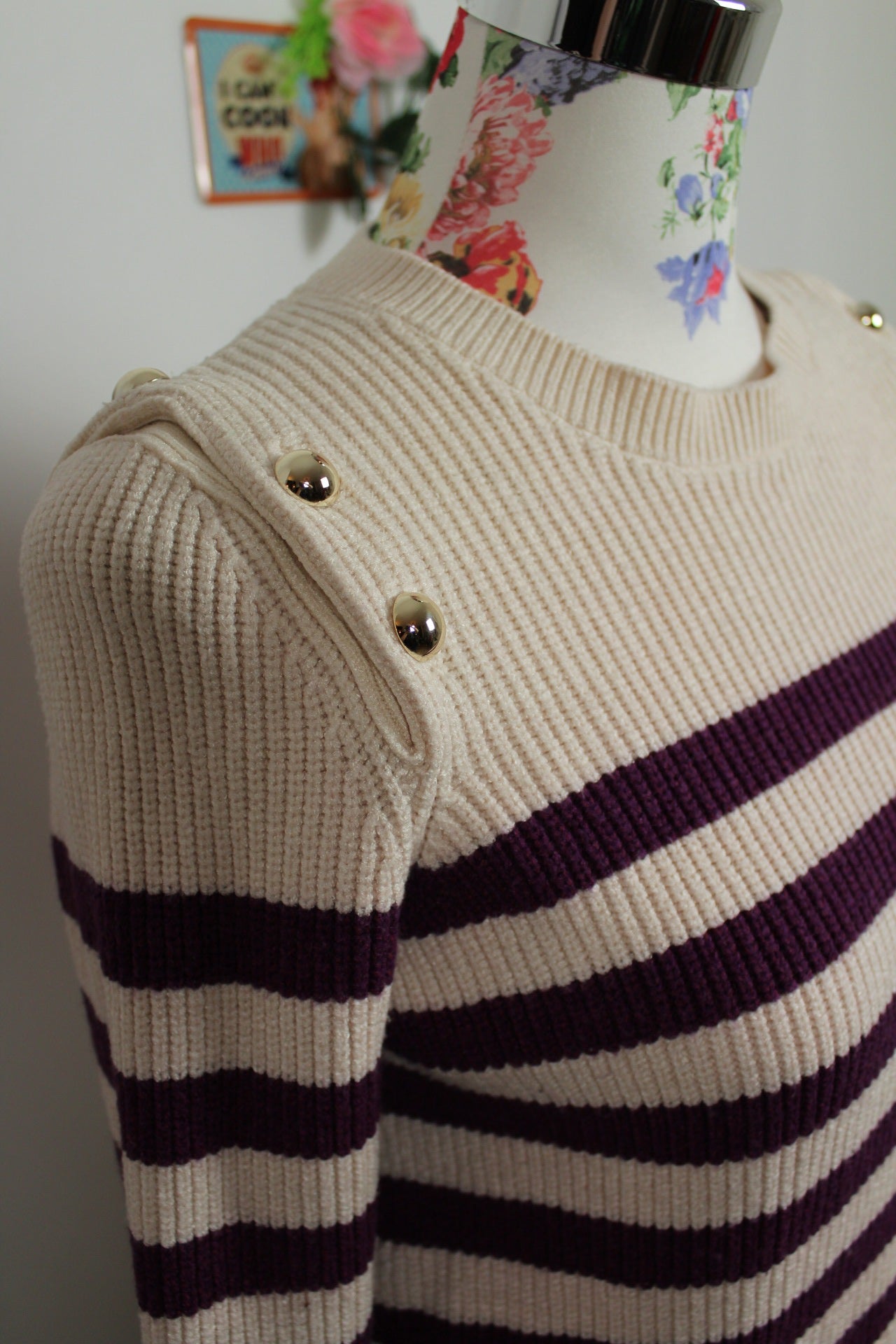 🌸🍒Pull marinière crème & violet - boutons dorés - Le Temps des Cerises 🍒🌸
