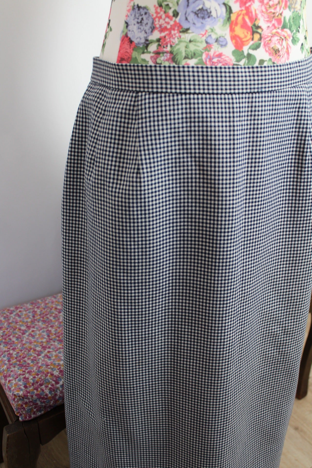 🌸🍒Jupe vintage 80's à carreaux vichy marine & blanc - Taille 42🍒🌸