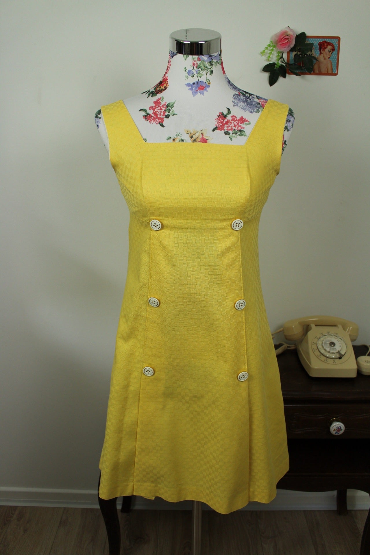 🌸🍒Robe vintage 60's jaune soleil carreaux tissés - Taille 34/36🍒🌸