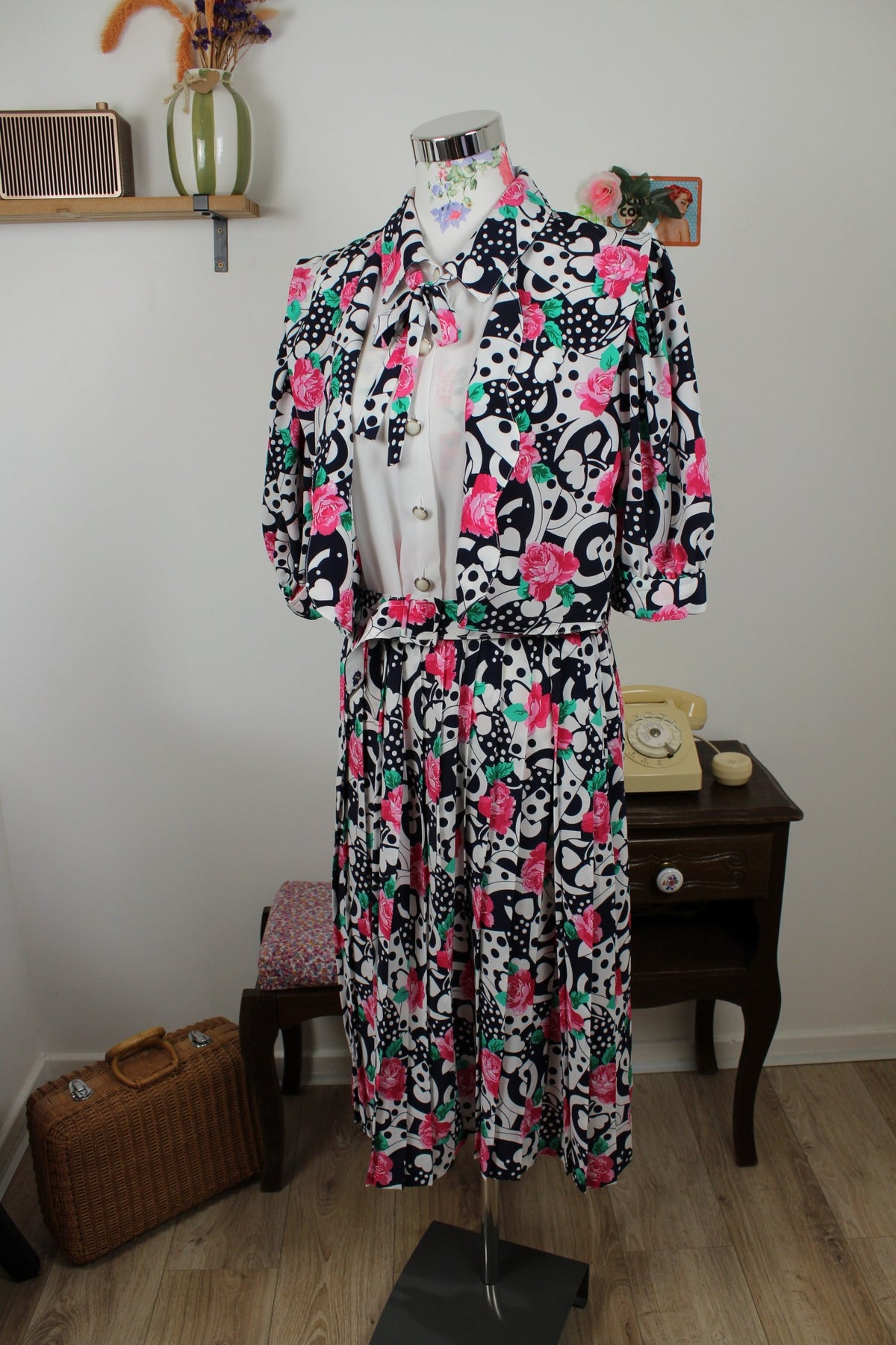 Robe vintage années 80 roses, pois & trèfles - boléro inclus - Taille 46/48