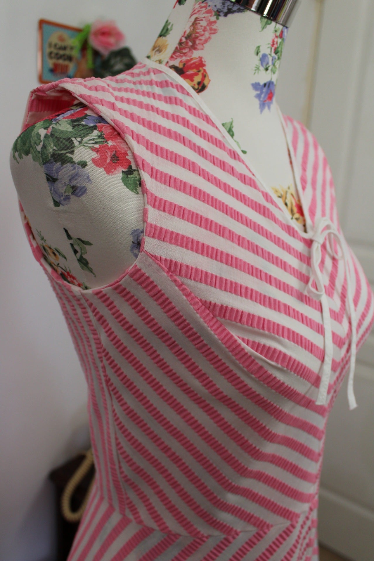 🍒🌸Robe vintage 60's en coton à rayures ondulées rose peps - Taille 36🌸🍒