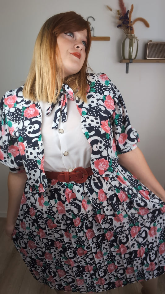 Robe vintage années 80 roses, pois & trèfles - boléro inclus - Taille 46/48