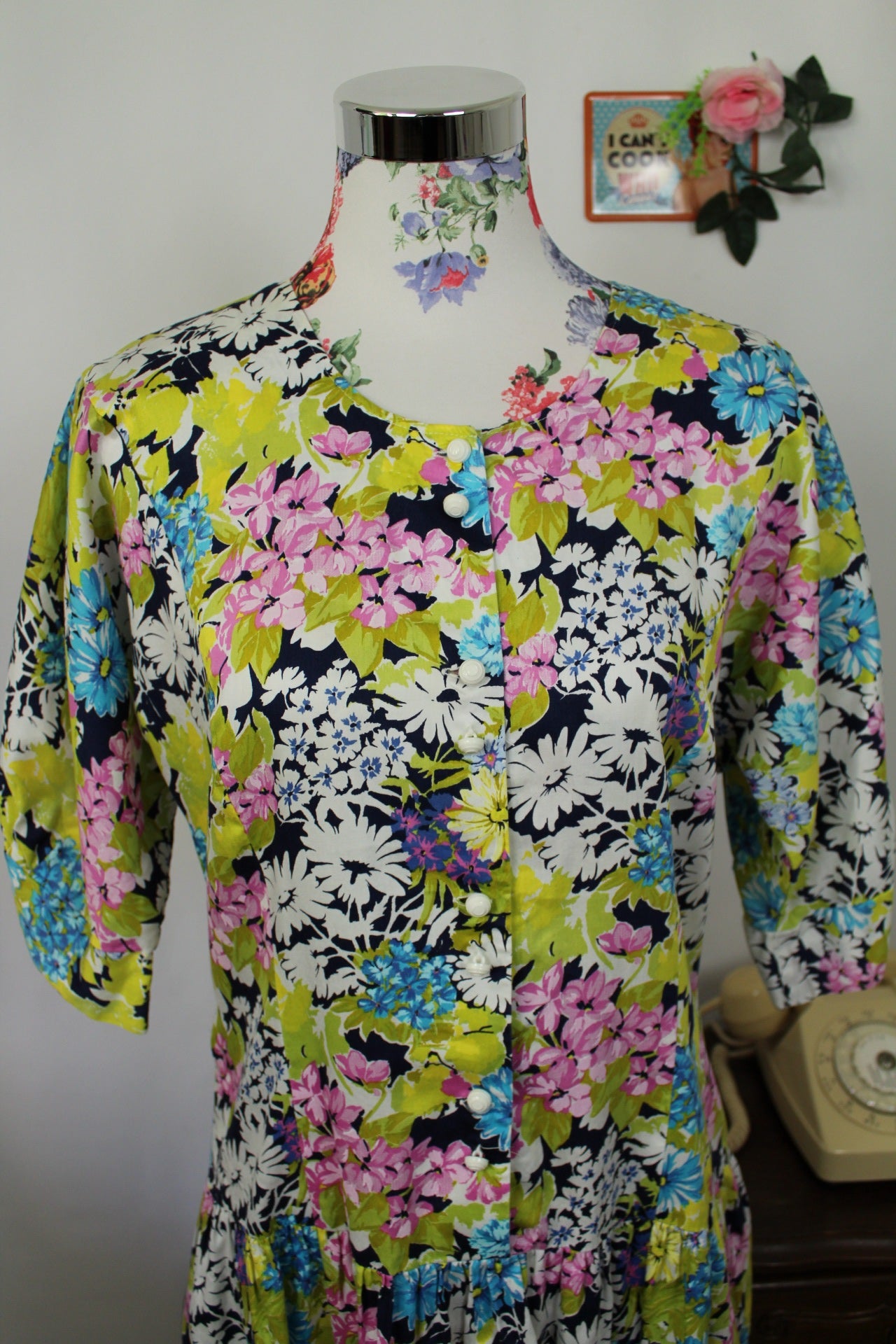 🌸🍒Robe vintage 80's fleurie Gevana - manches bouffantes 100% coton - Taille 38/40🍒🌸
