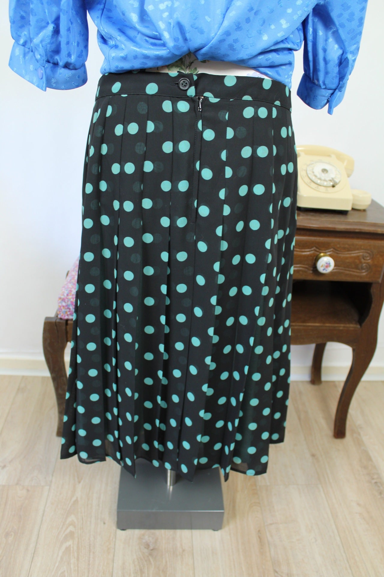 🌸🍒Jupe plissée vintage 80's à pois turquoise - inspiration pin-up 50's - Taille 44🍒🌸