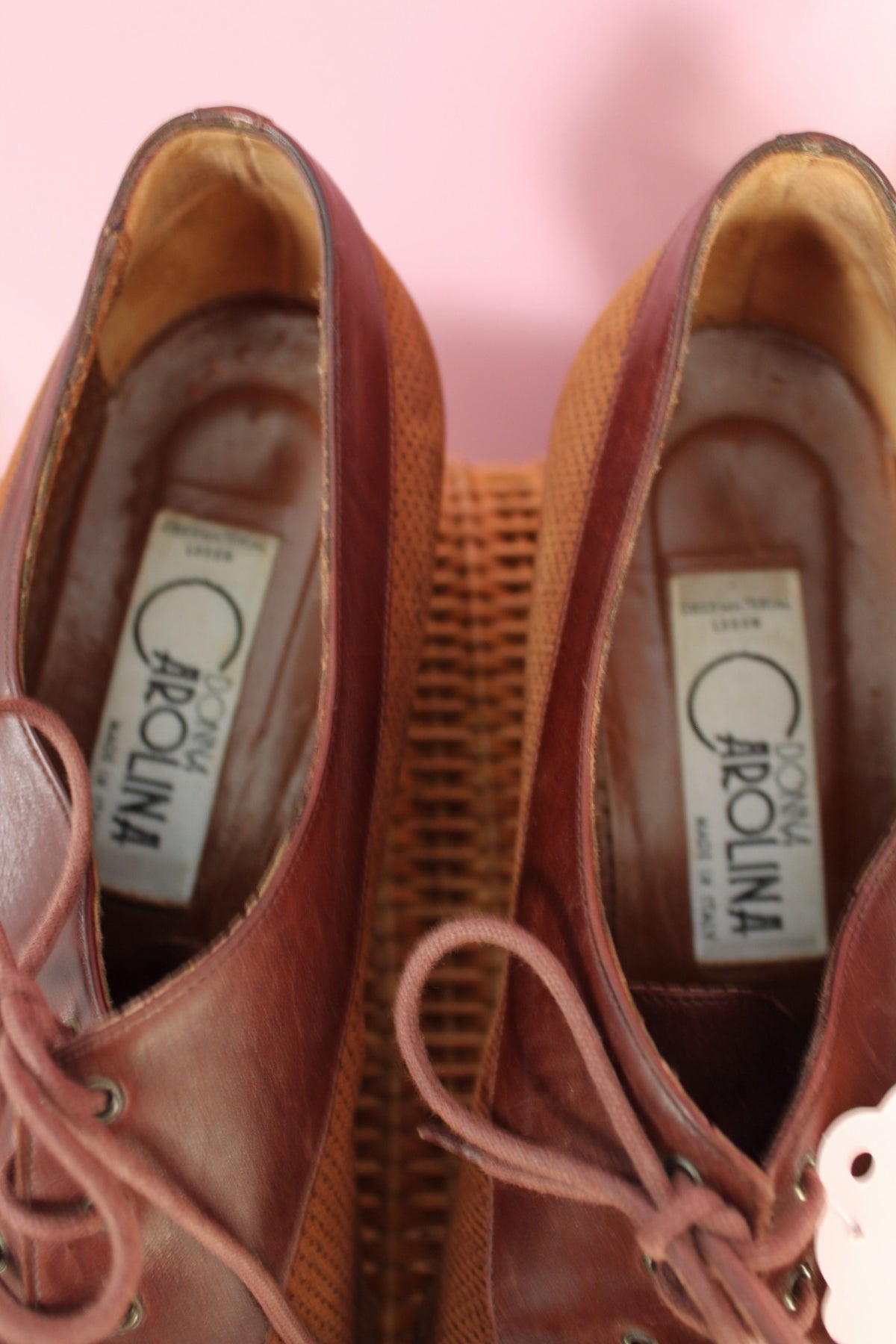 Derbies vintage années 80 marron tout cuir & petit talon bottier - pointure 40