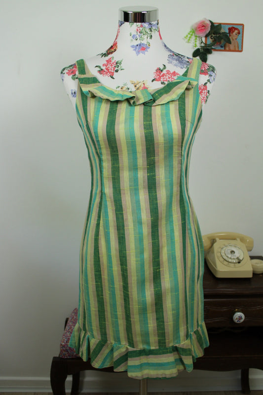 🌸🍒Robe vintage 70's en coton tissé - petits volants & rayures - Taille 34/36🍒🌸