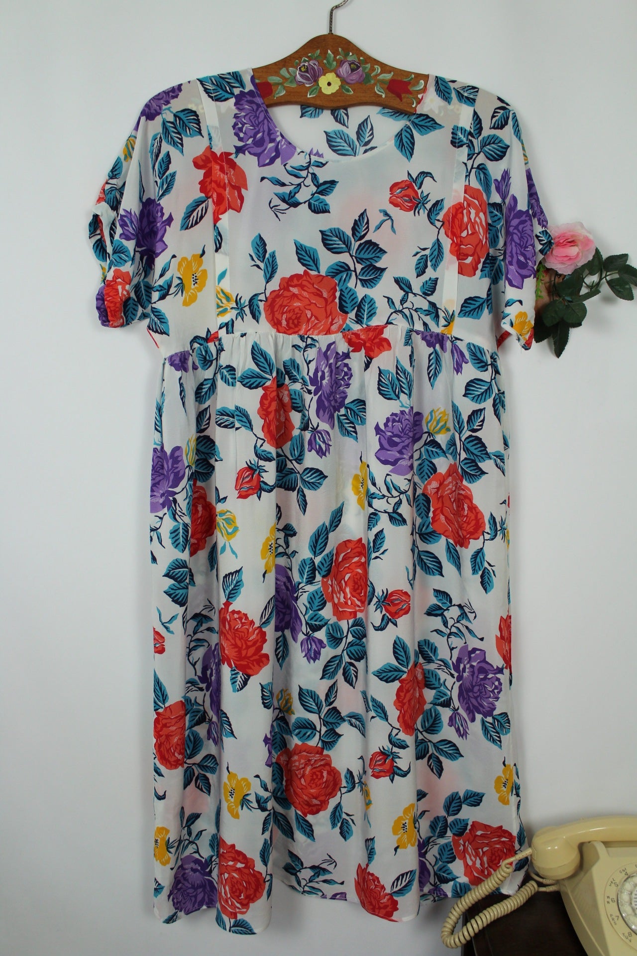 🌸🍒Robe vintage 80's blanche fleurie pep's - coupe & manches amples - Taille 38/40🍒🌸
