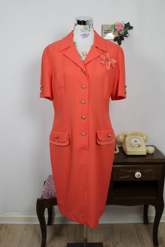 🍒🌸Robe vintage 80s orange corail – Made in Spain – pin-up – Taille 40🌸🍒