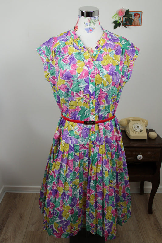 🌸🍒Robe vintage 80's ultra colorée & fleurie arty - Taille 42/44🍒🌸
