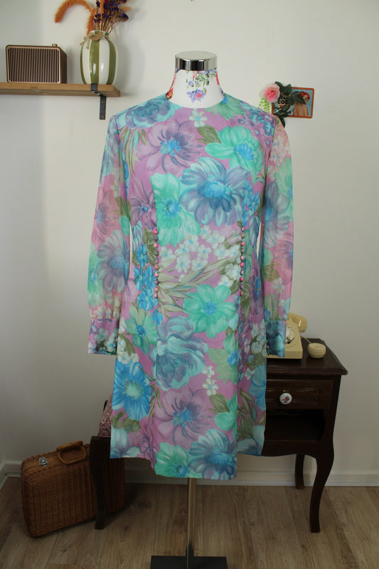 Robe vintage années 60/70 motif floral psyché pastel rose & turquoise - Taille 38