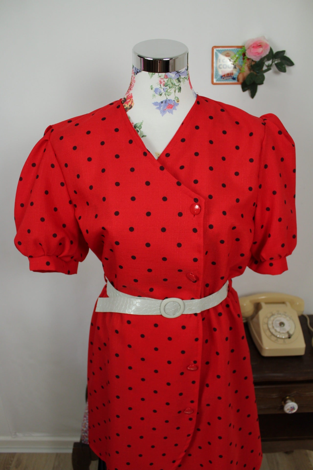 🌸🍒Robe vintage 80's rouge à pois - manches bouffantes & jupon intégré esprit 50's - Taille 38/40🍒🌸