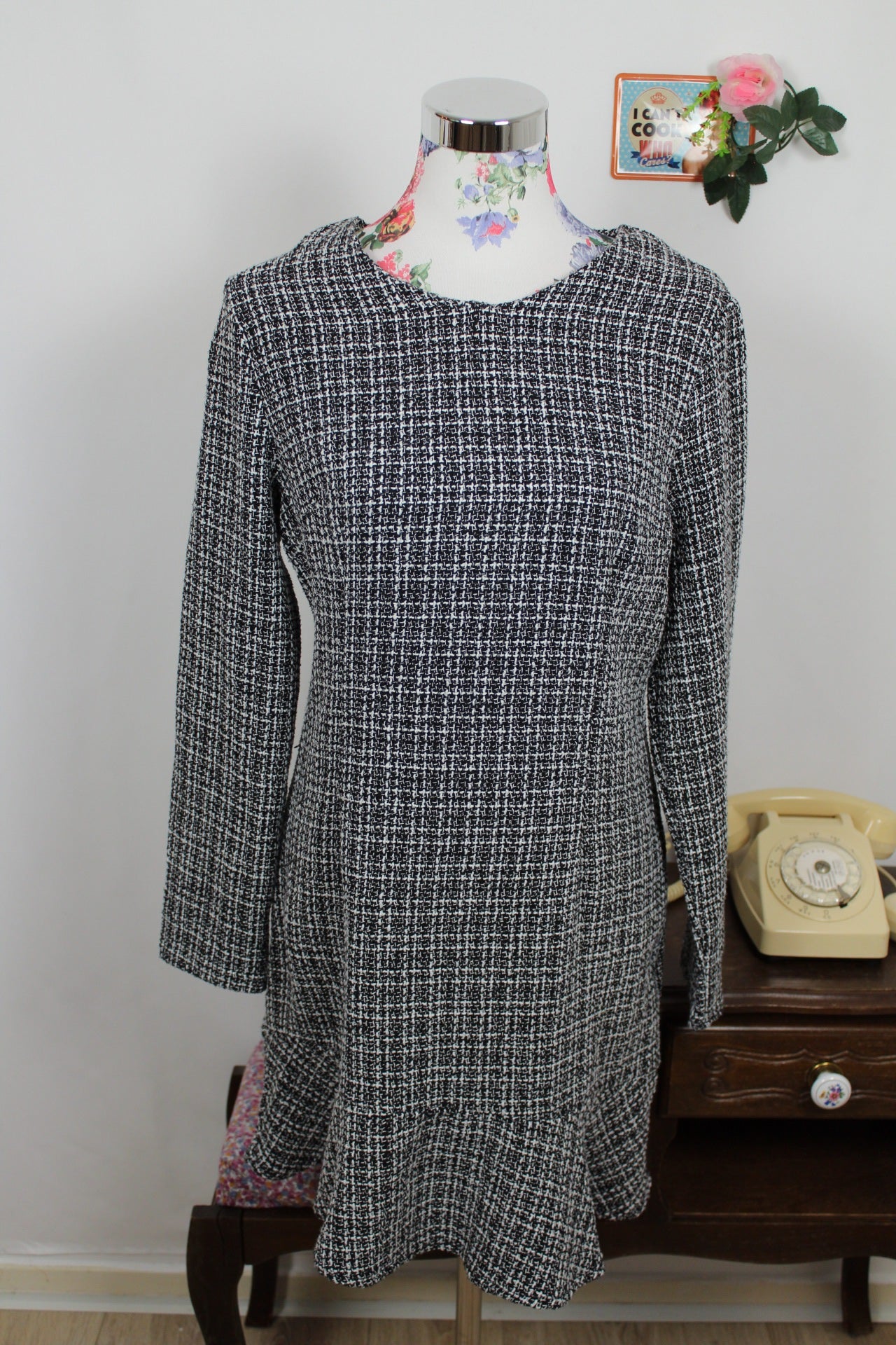 🌸🍒Robe d'hiver tweed noir & blanc - chic preppy - Taille 38/40🍒🌸