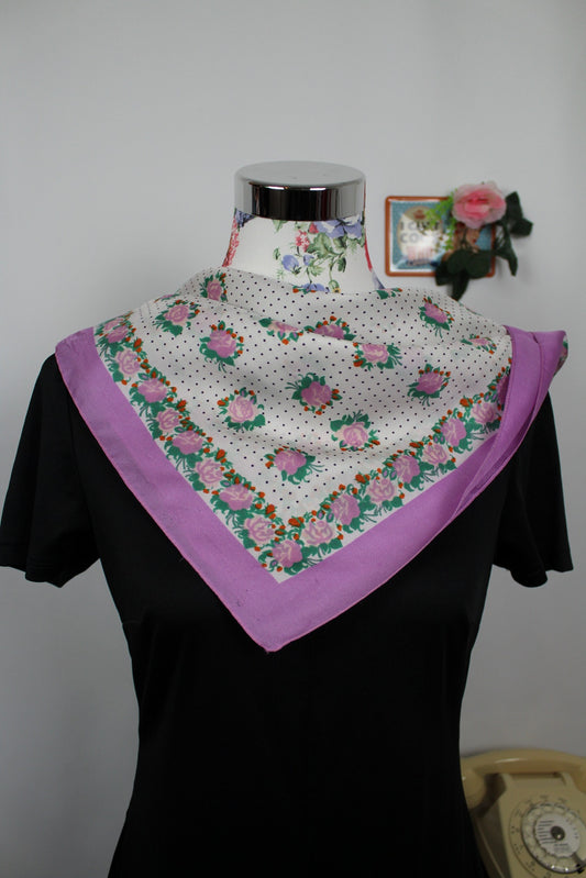 🌸🍒Foulard vintage 80's couleur lila motifs pois et roses 🍒🌸