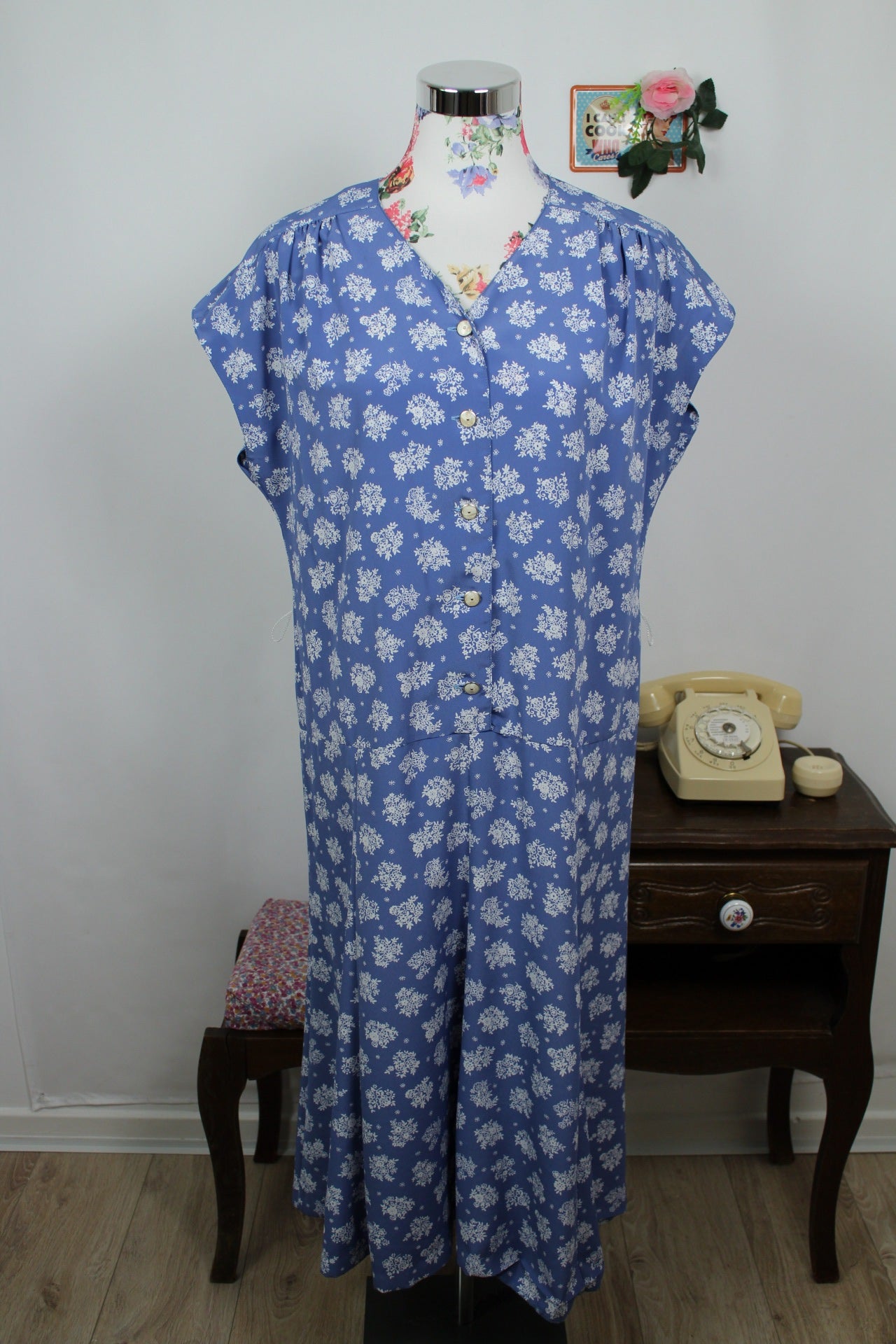 🌸🍒Robe vintage 90's bleue & bouquets de fleurs - Gevana made in France - Taille 42/44🍒🌸