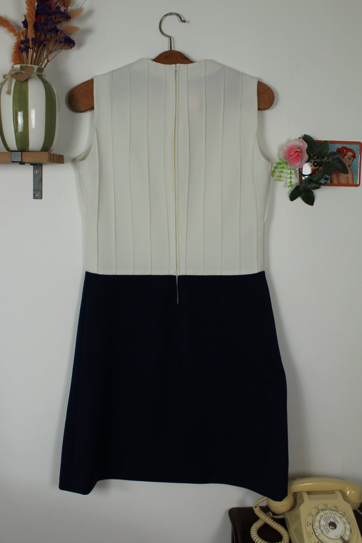 Robe preppy vintage années 60 blanche & marine chic - boutons nacrés - Taille 38