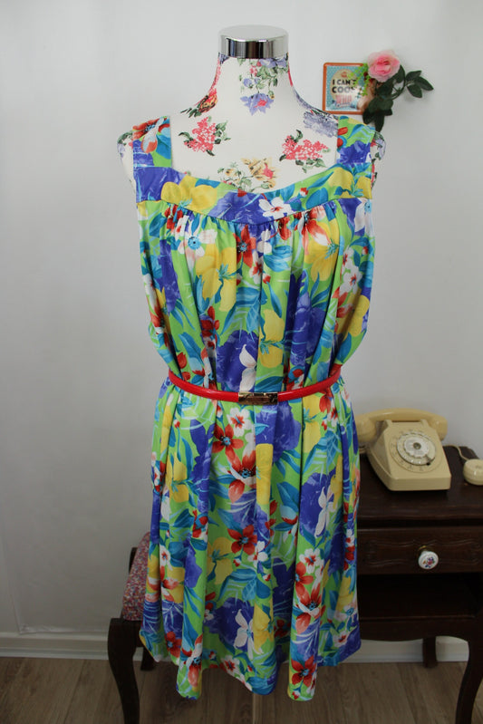 🌸🍒Robe vintage 80/90s ultra fleurie & colorée esprit tropiques - Taille 48/50🍒🌸