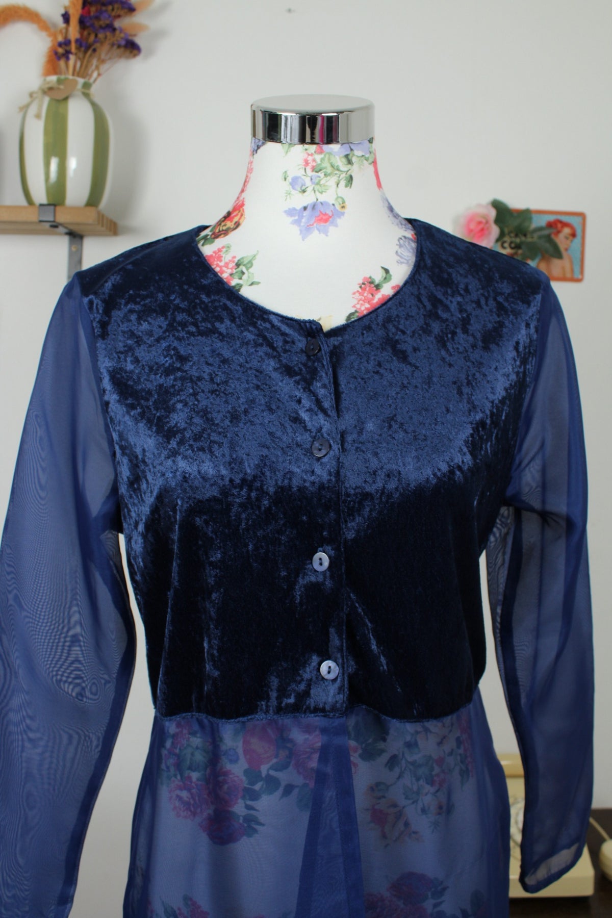 Blouse vintage années 90 bi matière velours satiné & transparence marine - Taille 38/40