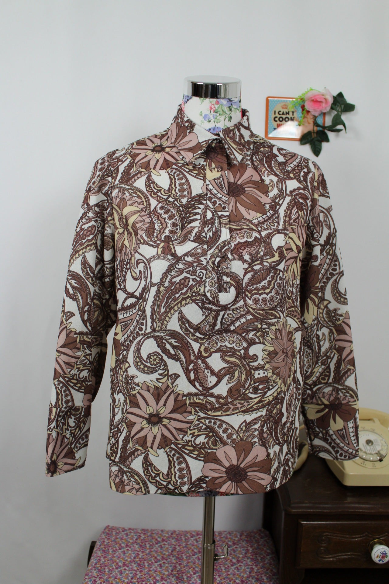🍒🌸Blouse vintage baroque 70s - tons bruns & beige chic - Taille 40/42🌸🍒