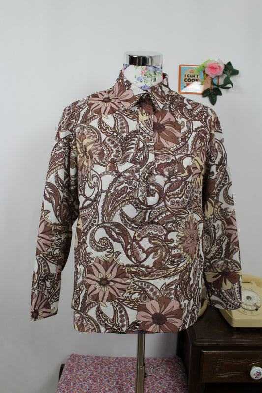 🍒🌸Blouse vintage baroque 70s - tons bruns & beige chic - Taille 40/42🌸🍒