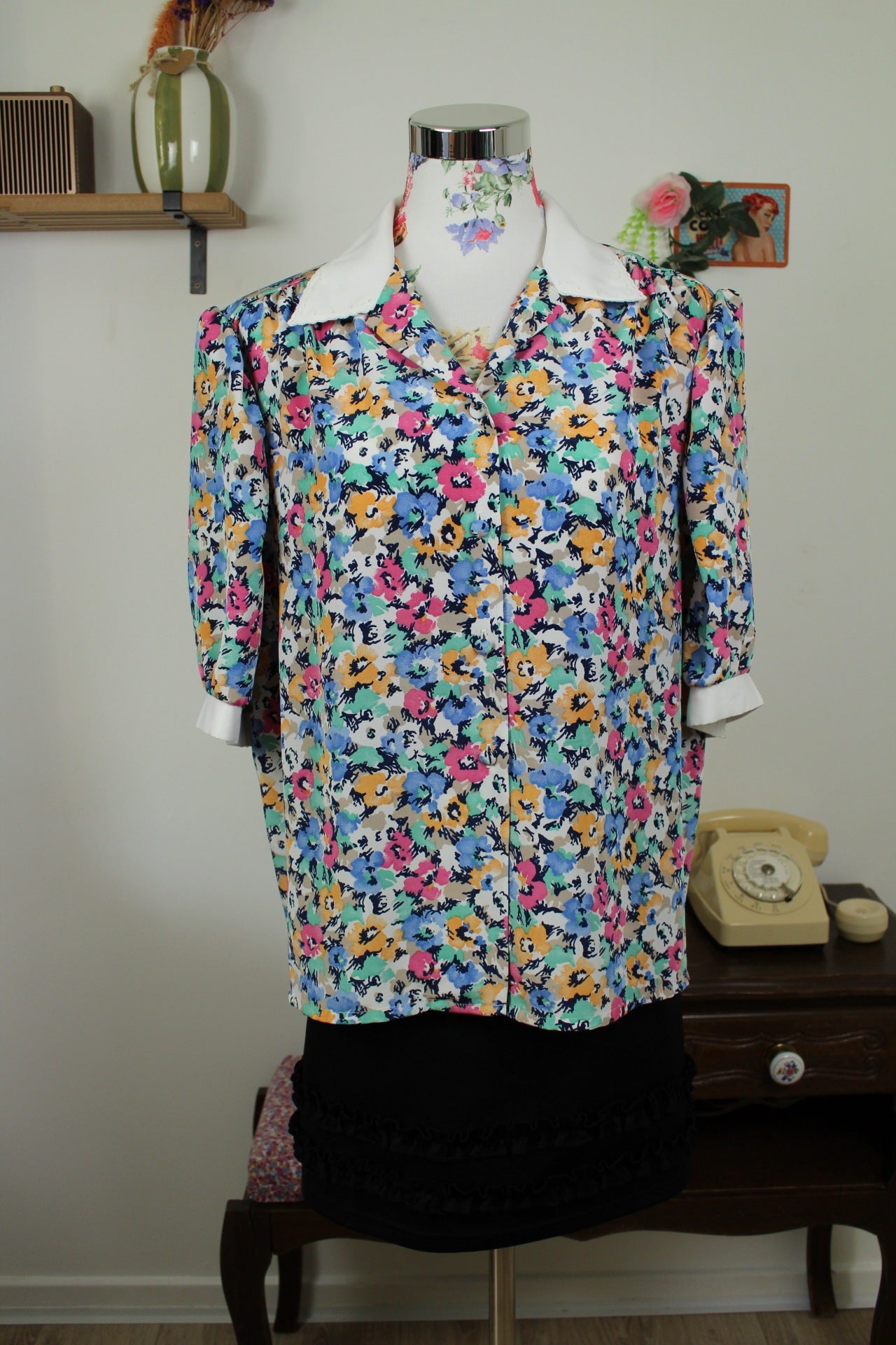 🍒🌸Chemisier vintage fleuri 70's à manches bouffantes - Maison du Jersey - Taille 42/44🌸🍒