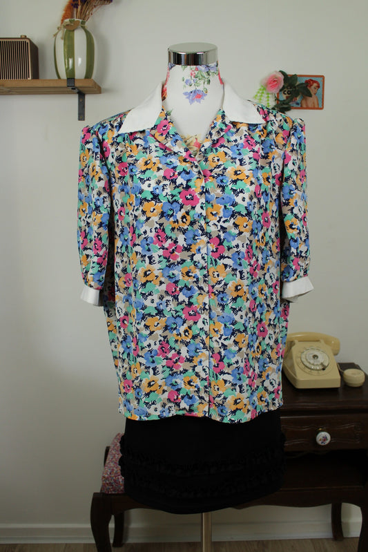 🍒🌸Chemisier vintage fleuri 70's à manches bouffantes - Maison du Jersey - Taille 42/44🌸🍒